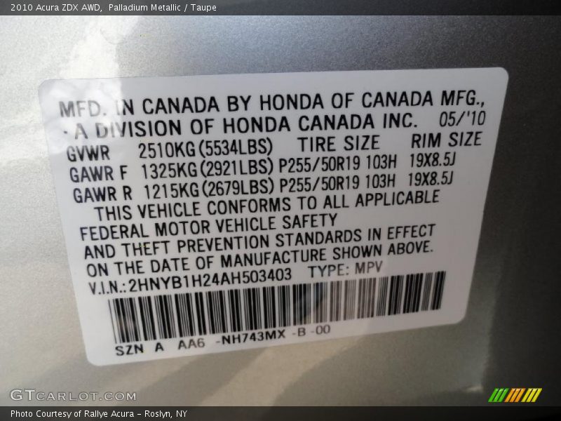 2010 ZDX AWD Palladium Metallic Color Code NH743MX
