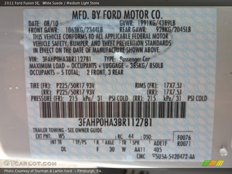 White Suede / Medium Light Stone 2011 Ford Fusion SE