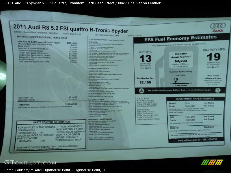  2011 R8 Spyder 5.2 FSI quattro Window Sticker