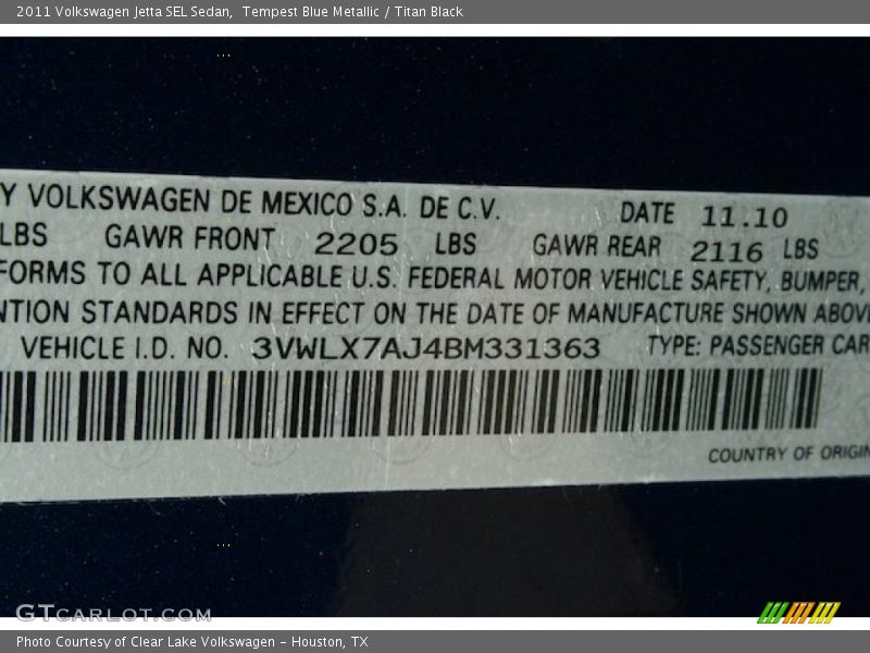 Tempest Blue Metallic / Titan Black 2011 Volkswagen Jetta SEL Sedan