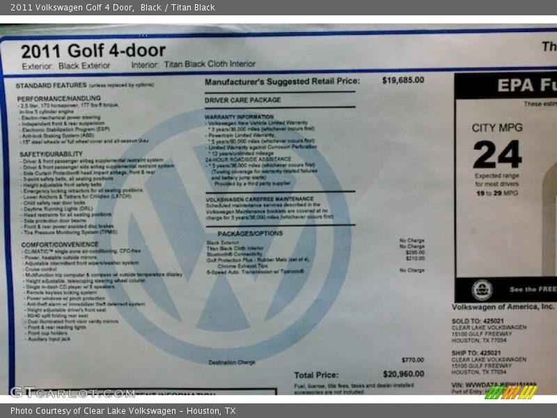 Black / Titan Black 2011 Volkswagen Golf 4 Door