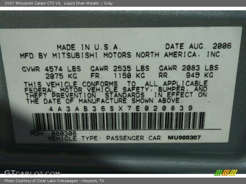 Liquid Silver Metallic / Gray 2007 Mitsubishi Galant GTS V6