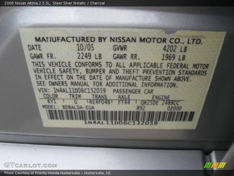Sheer Silver Metallic / Charcoal 2006 Nissan Altima 2.5 SL