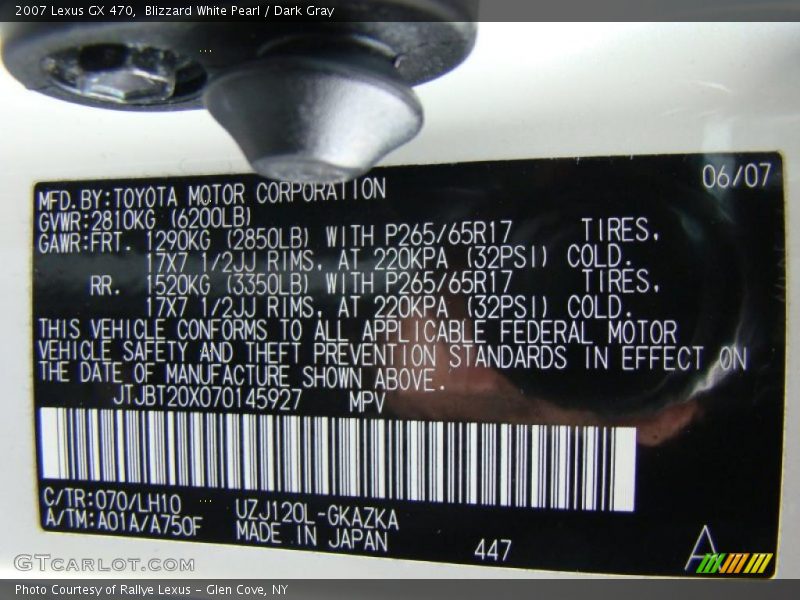 Blizzard White Pearl / Dark Gray 2007 Lexus GX 470