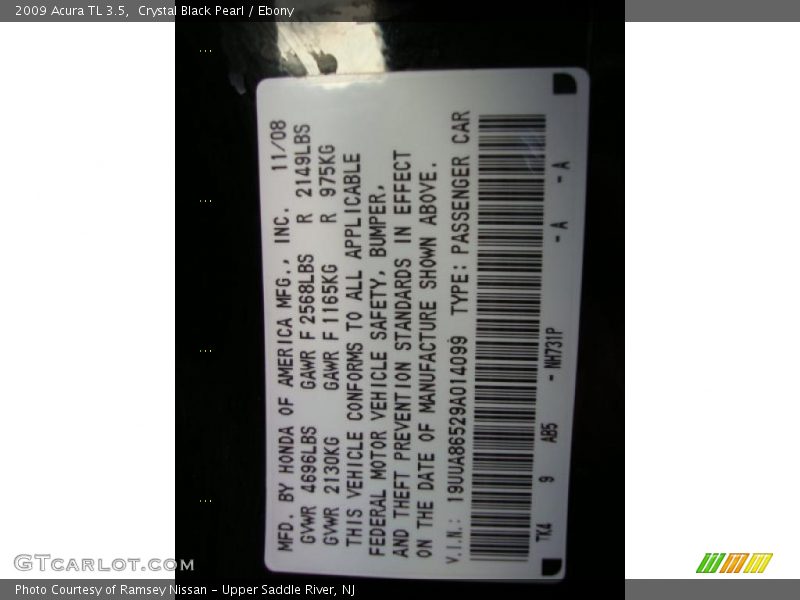 Crystal Black Pearl / Ebony 2009 Acura TL 3.5