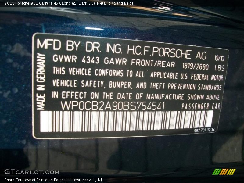 Info Tag of 2011 911 Carrera 4S Cabriolet