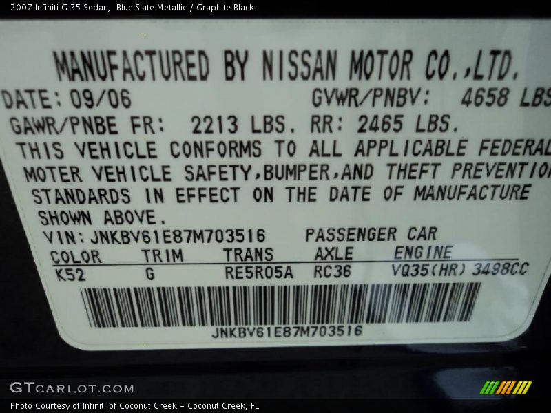 Blue Slate Metallic / Graphite Black 2007 Infiniti G 35 Sedan