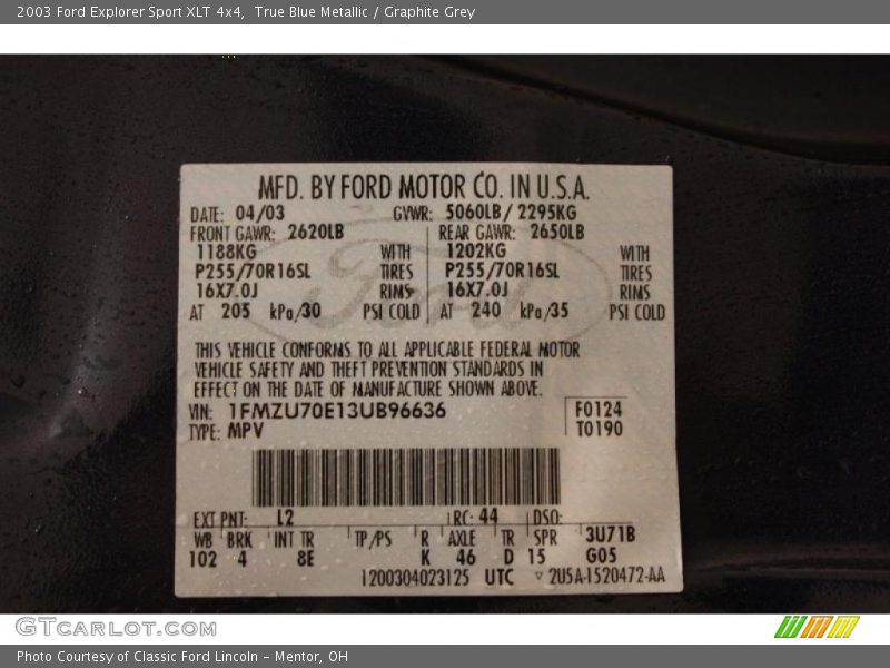 2003 Explorer Sport XLT 4x4 True Blue Metallic Color Code L2
