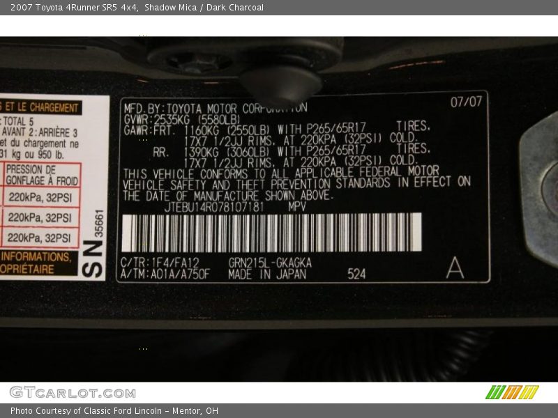 Shadow Mica / Dark Charcoal 2007 Toyota 4Runner SR5 4x4