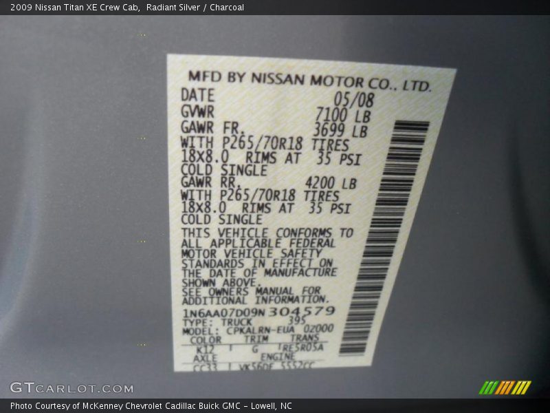 Radiant Silver / Charcoal 2009 Nissan Titan XE Crew Cab