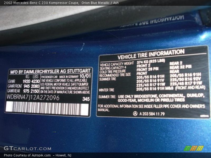 2002 C 230 Kompressor Coupe Orion Blue Metallic Color Code 345