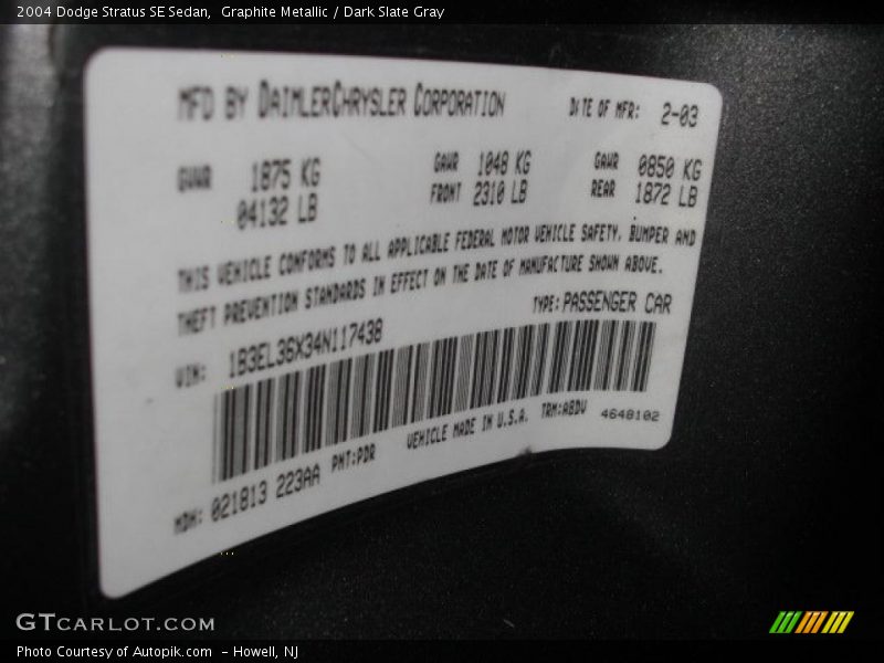 Graphite Metallic / Dark Slate Gray 2004 Dodge Stratus SE Sedan