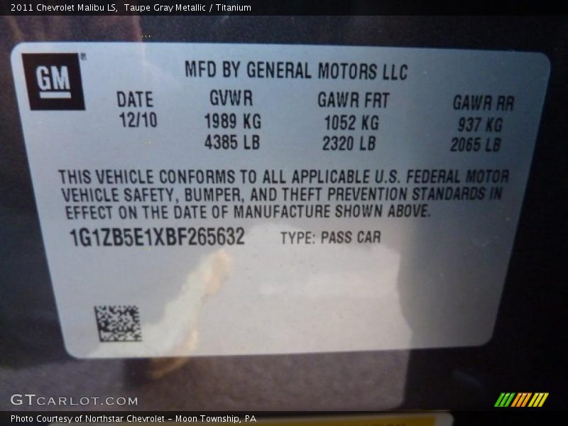 Taupe Gray Metallic / Titanium 2011 Chevrolet Malibu LS