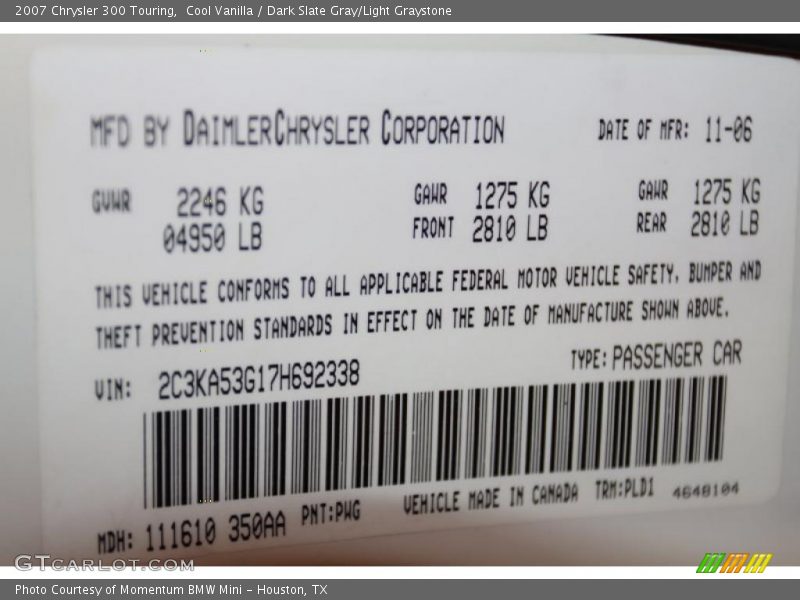 Cool Vanilla / Dark Slate Gray/Light Graystone 2007 Chrysler 300 Touring