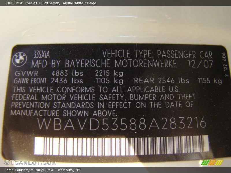 Alpine White / Beige 2008 BMW 3 Series 335xi Sedan