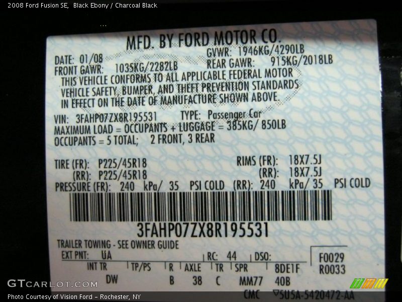 Black Ebony / Charcoal Black 2008 Ford Fusion SE