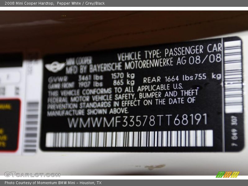 Pepper White / Grey/Black 2008 Mini Cooper Hardtop