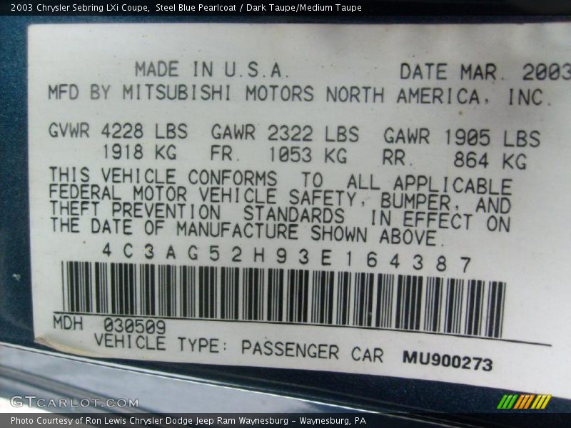 Steel Blue Pearlcoat / Dark Taupe/Medium Taupe 2003 Chrysler Sebring LXi Coupe