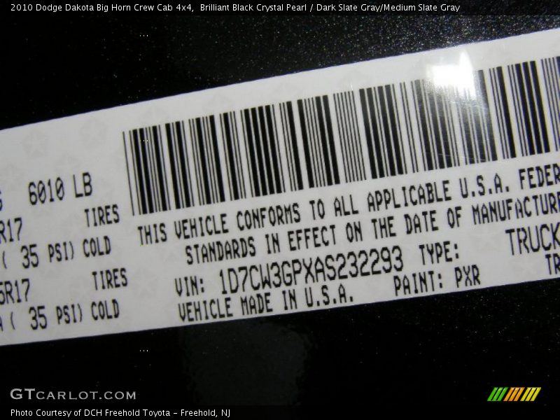 Brilliant Black Crystal Pearl / Dark Slate Gray/Medium Slate Gray 2010 Dodge Dakota Big Horn Crew Cab 4x4