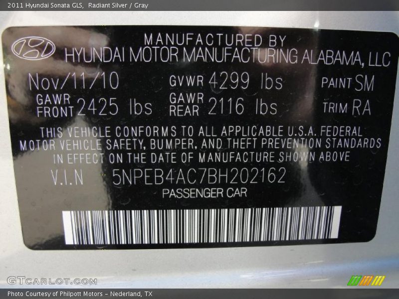 Radiant Silver / Gray 2011 Hyundai Sonata GLS