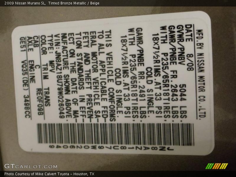 Tinted Bronze Metallic / Beige 2009 Nissan Murano SL