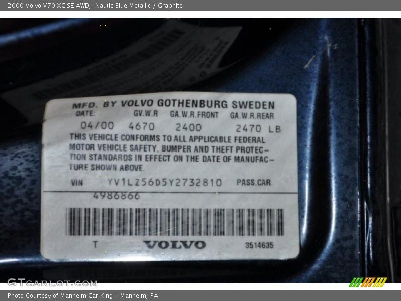Nautic Blue Metallic / Graphite 2000 Volvo V70 XC SE AWD