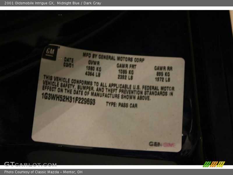 Midnight Blue / Dark Gray 2001 Oldsmobile Intrigue GX