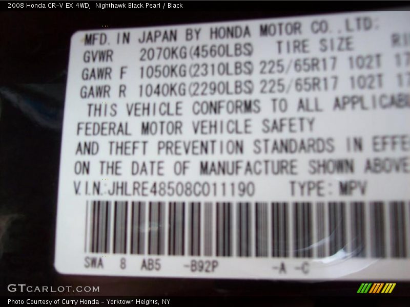 Nighthawk Black Pearl / Black 2008 Honda CR-V EX 4WD