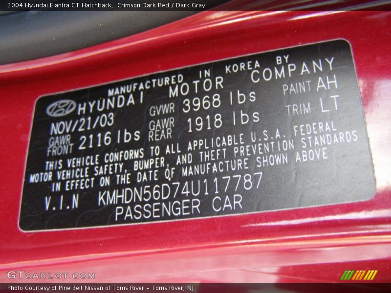 Crimson Dark Red / Dark Gray 2004 Hyundai Elantra GT Hatchback