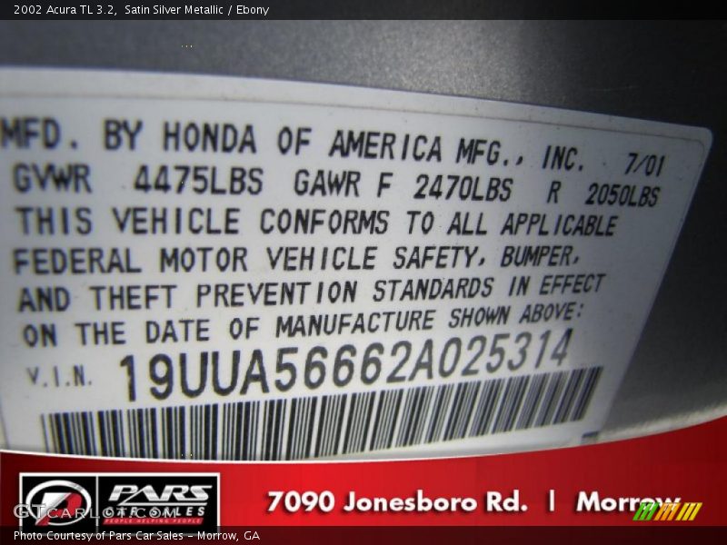 Satin Silver Metallic / Ebony 2002 Acura TL 3.2