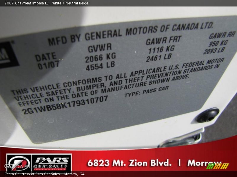 White / Neutral Beige 2007 Chevrolet Impala LS
