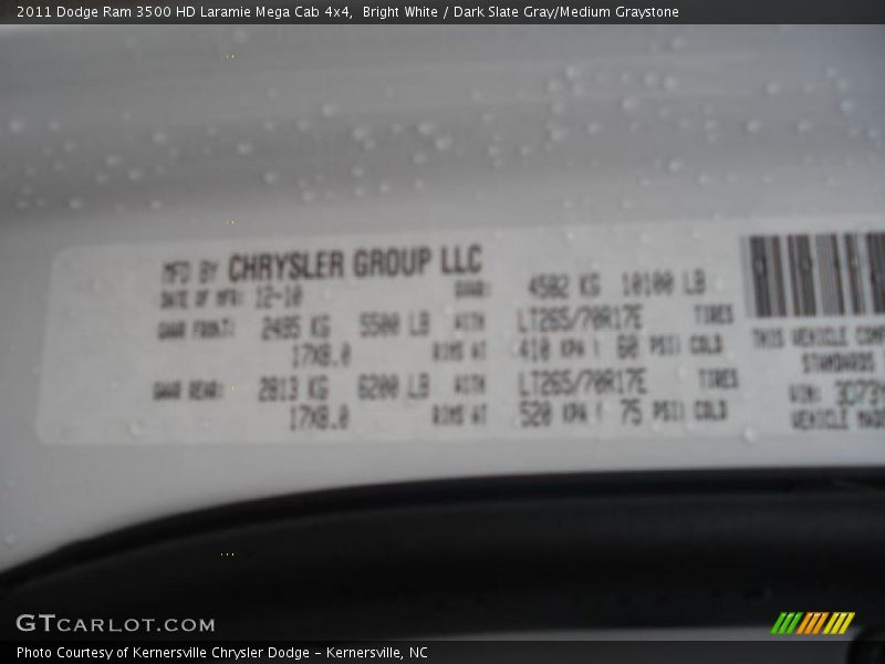 Bright White / Dark Slate Gray/Medium Graystone 2011 Dodge Ram 3500 HD Laramie Mega Cab 4x4