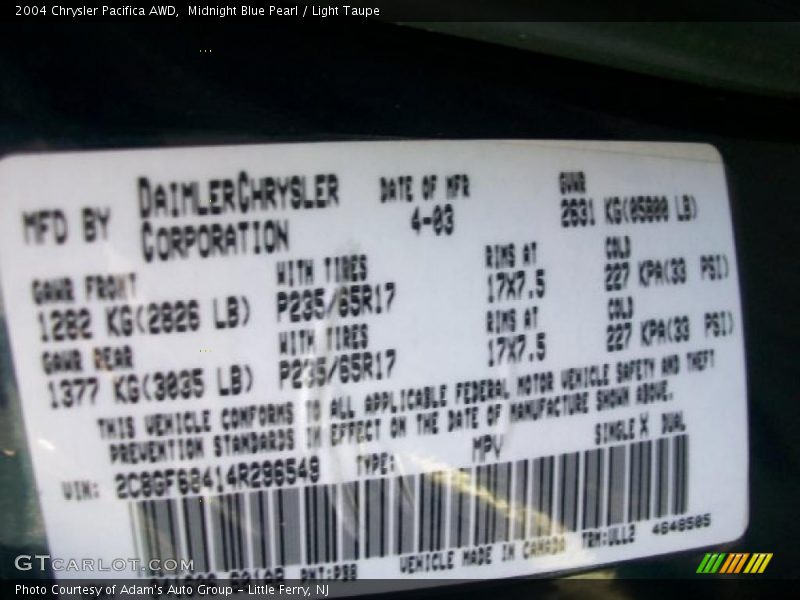 Midnight Blue Pearl / Light Taupe 2004 Chrysler Pacifica AWD