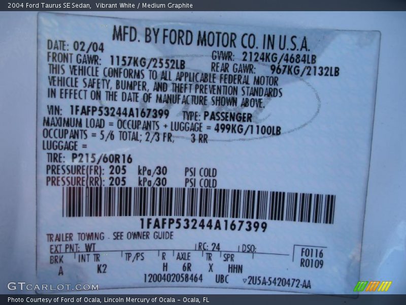 2004 Taurus SE Sedan Vibrant White Color Code WT