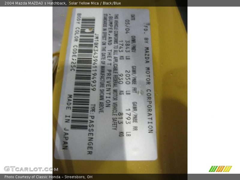 2004 MAZDA3 s Hatchback Solar Yellow Mica Color Code 25C