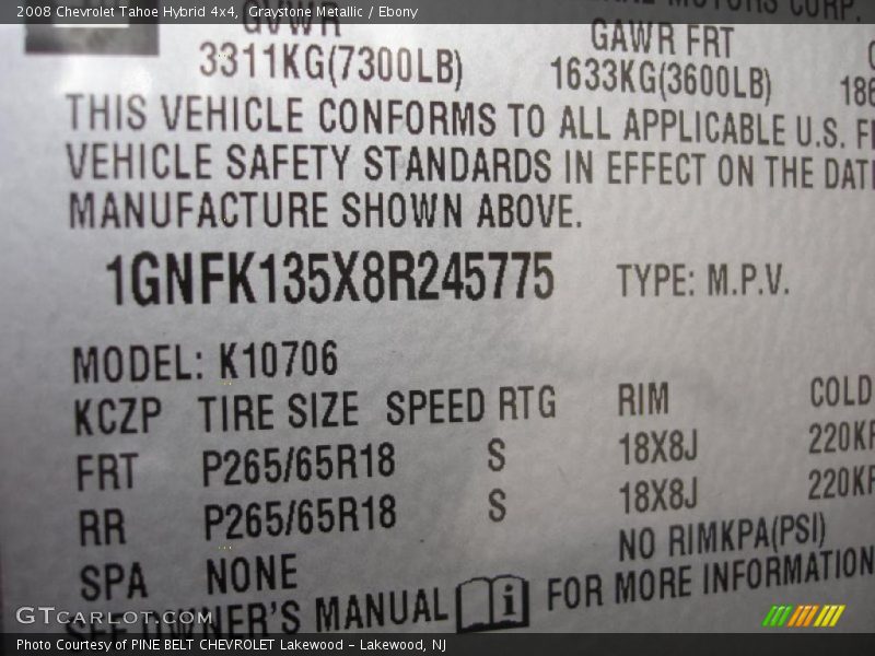 Info Tag of 2008 Tahoe Hybrid 4x4