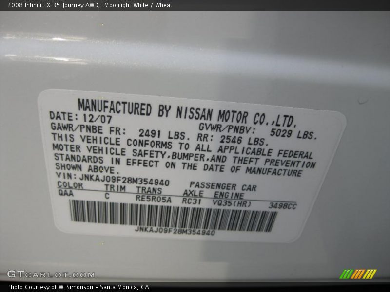 Moonlight White / Wheat 2008 Infiniti EX 35 Journey AWD