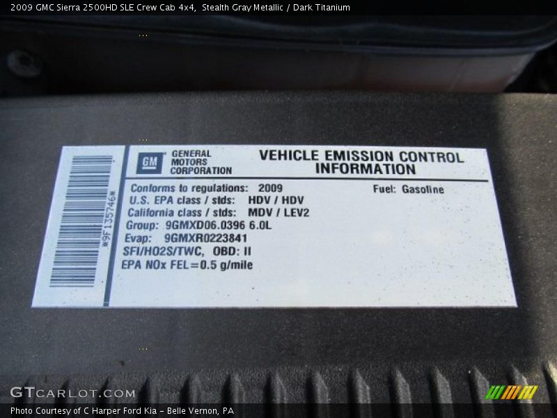 Info Tag of 2009 Sierra 2500HD SLE Crew Cab 4x4