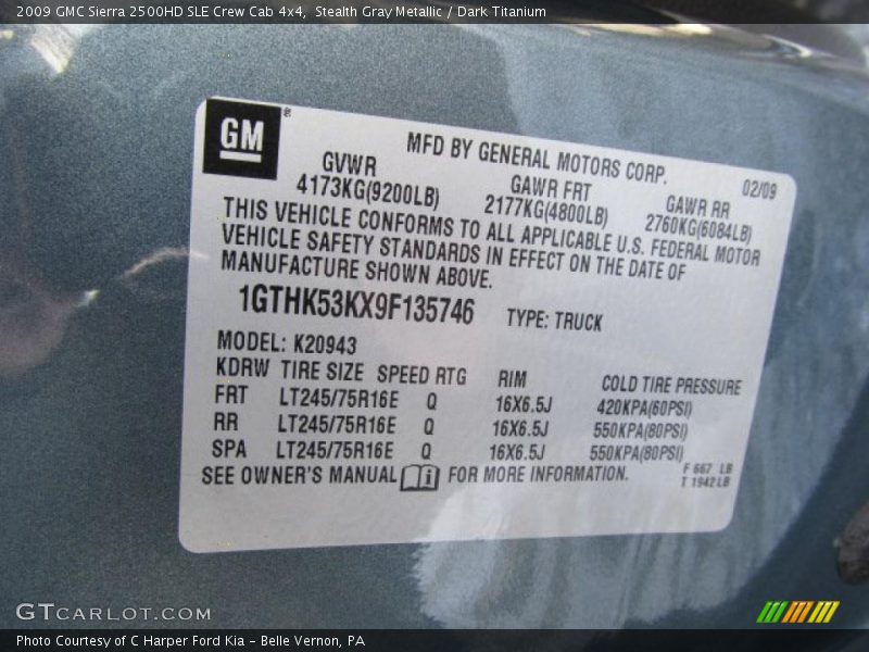 Info Tag of 2009 Sierra 2500HD SLE Crew Cab 4x4