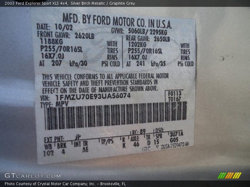 2003 Explorer Sport XLS 4x4 Silver Birch Metallic Color Code JP
