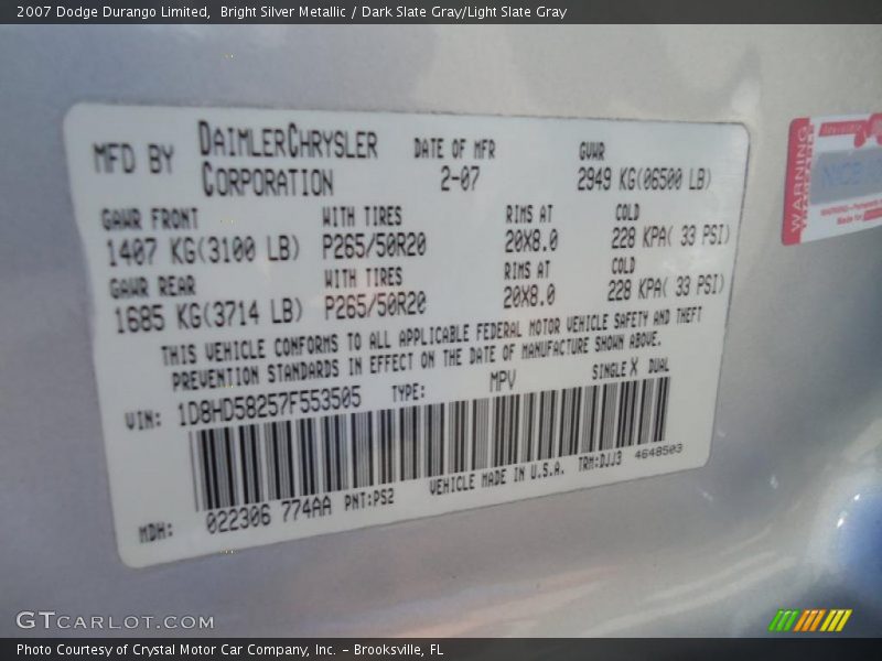 Bright Silver Metallic / Dark Slate Gray/Light Slate Gray 2007 Dodge Durango Limited