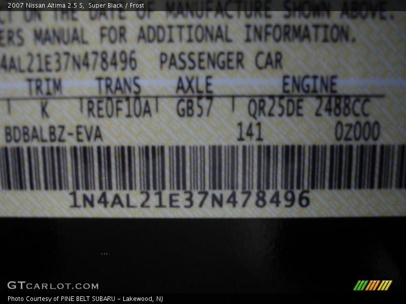 Super Black / Frost 2007 Nissan Altima 2.5 S