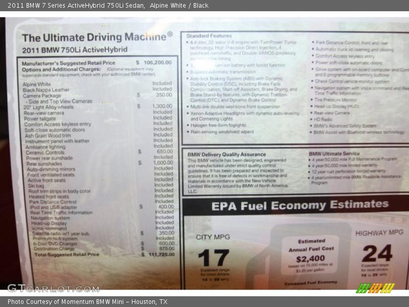  2011 7 Series ActiveHybrid 750Li Sedan Window Sticker