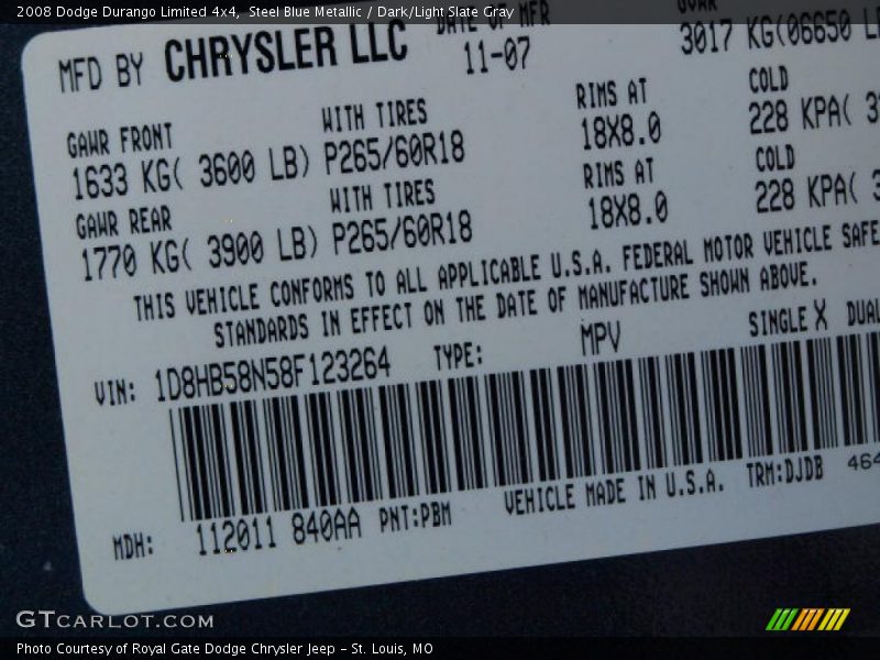 2008 Durango Limited 4x4 Steel Blue Metallic Color Code PBM