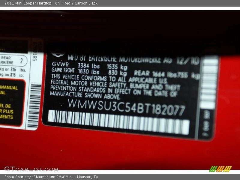 Chili Red / Carbon Black 2011 Mini Cooper Hardtop
