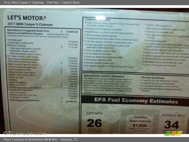  2011 Cooper S Clubman Window Sticker