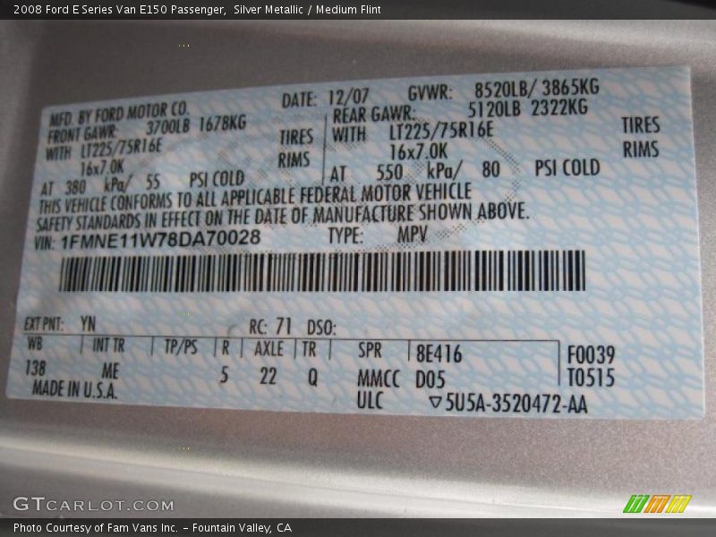 2008 E Series Van E150 Passenger Silver Metallic Color Code YN