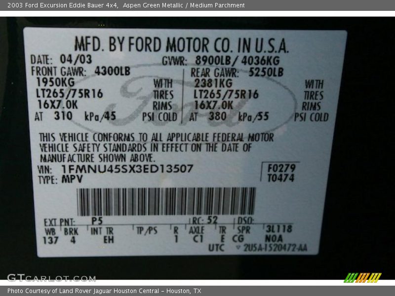 2003 Excursion Eddie Bauer 4x4 Aspen Green Metallic Color Code P5