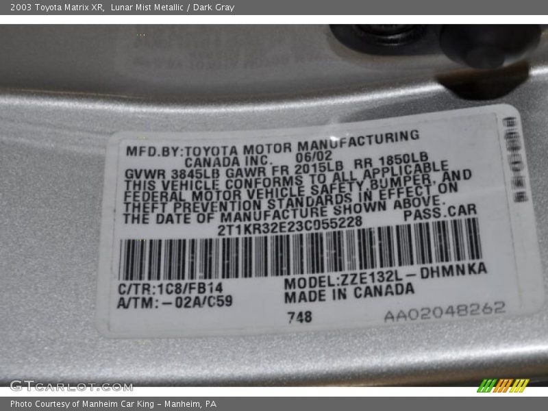 Lunar Mist Metallic / Dark Gray 2003 Toyota Matrix XR