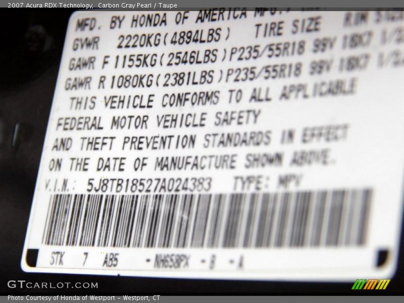 Carbon Gray Pearl / Taupe 2007 Acura RDX Technology